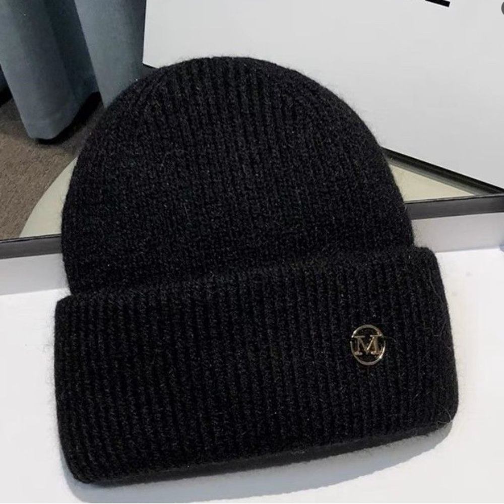 Luxury Black Knit Beanie with Gold Logo Accent